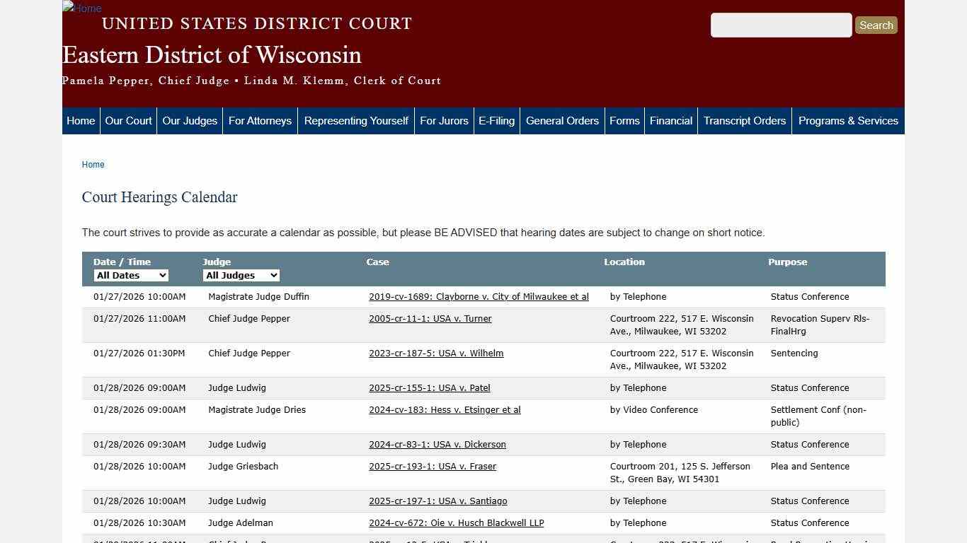Court Hearings Calendar Eastern District of Wisconsin United States District Court