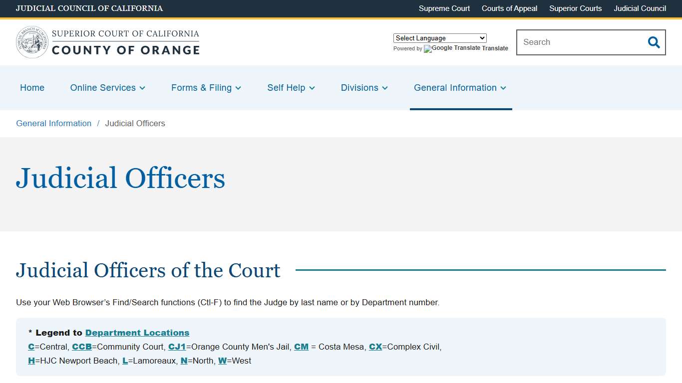Judicial Officers Superior Court of California County of Orange