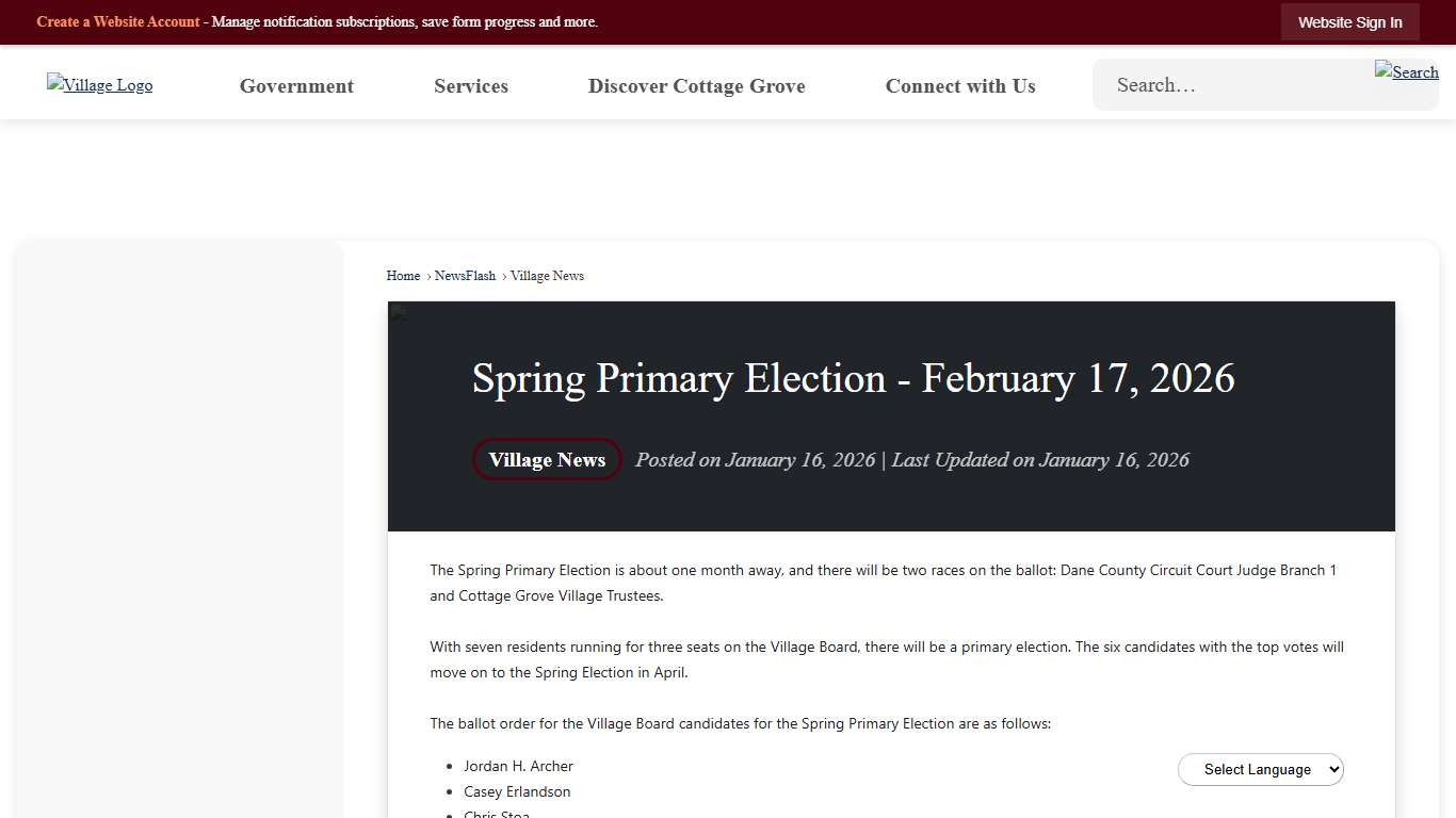 Spring Primary Election - February 17, 2026 • Cottage Grove, WI